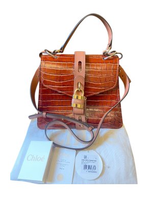 Chloe Brown Croc Embossed Aby Lock Tote Bag