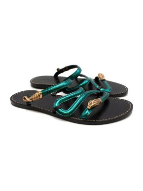 Roberto Cavalli Green Leather Snake Flat Sandals