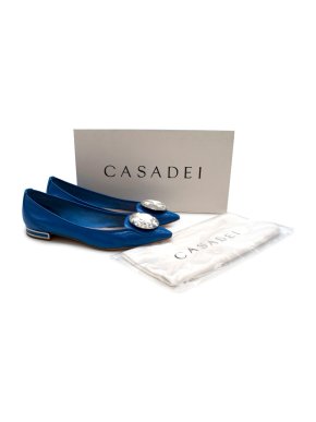 Casadei Blue Patent Leather Crystal Embellished Flats