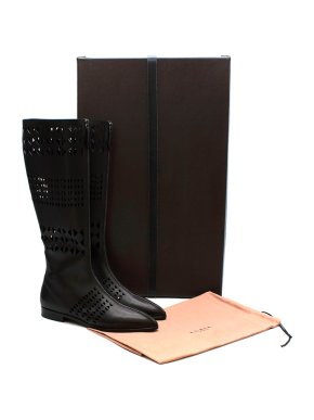 Alaia Laser Cut Black Leather Knee Boots