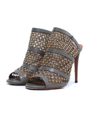 Aquazzura Grey Laser Cut Studded Sandals