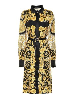 Versace Black & Gold Baroque Print Silk Shirt Dress