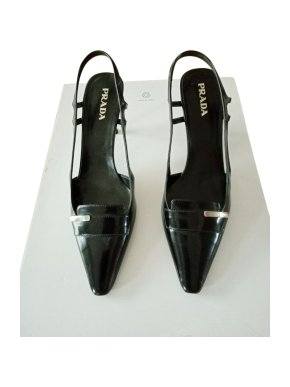 Prada Black Glossy Kitten Heel Slingbacks