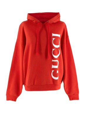 Gucci Red Logo Print Oversized Cotton Hoodie