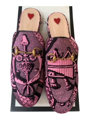 Gucci pink and black toile du joy print mules