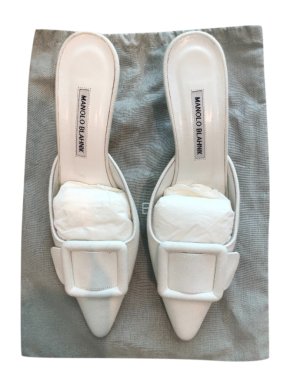 Manolo Blahnik White Canvas Maysale 50 Mules