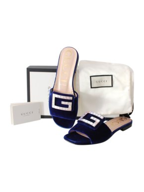 Gucci Blue Velvet Crystal G Slides