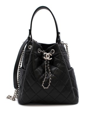 Chanel Black Caviar Leather Quilted Drawstring Bucket Bag