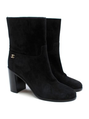 Chanel Black Suede Heeled Ankle Boots