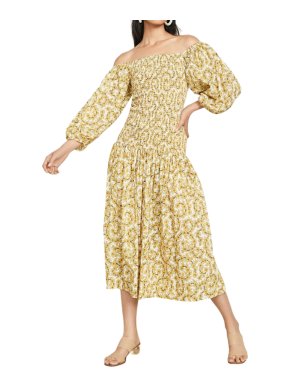 Rhode Yellow Harper Shirred Floral-Print Cotton Midi Dress