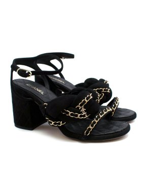 Chanel Black Suede Chain Trim Block Heeled Sandals