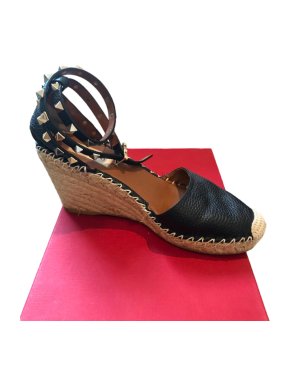 Valentino Black Rockstud Grained Leather Wedge Sandals