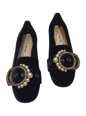 Miu Miu Navy Velvet Embellished Loafers