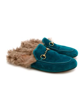 Gucci Blue Velvet Shearling Lined Princetown Slippers