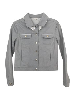 Chloe Grey Denim Jacket with White Ruffle Collar Detail