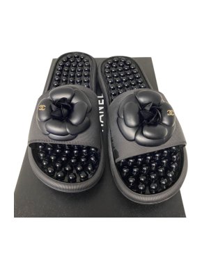 Chanel Black Camellia Pool Slides