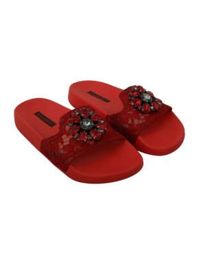 Dolce & Gabbana Red Lace Crystal Embellished Slides
