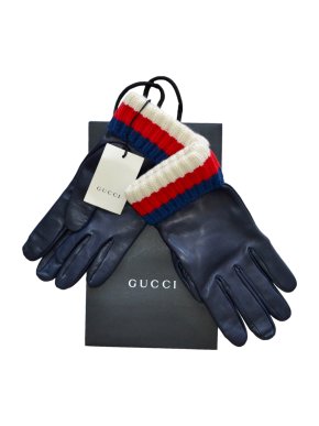 Gucci Blue Leather Web Trim Gloves