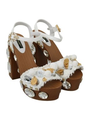 Dolce & Gabbana Embellished Leather, Raffia Wooden Platfrom Sandals