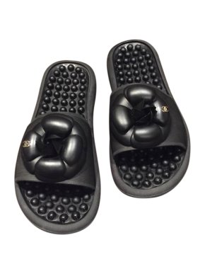 Chanel Black Textured Camellia Slides