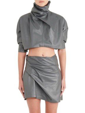 JW Anderson Grey Leather High Neck Crop Top & Draped Skirt Set