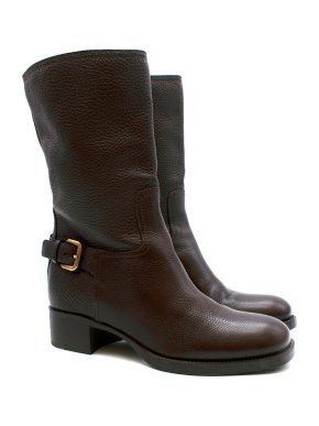 Prada Brown Leather Buckle Detail Ankle Boots