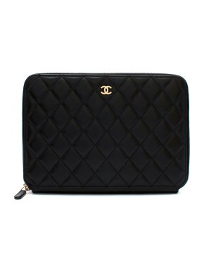 Chanel Black Leather Quilted CC Pouch