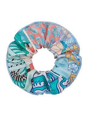 Hermes Blue Patchwork Printed Silk Scrunchie