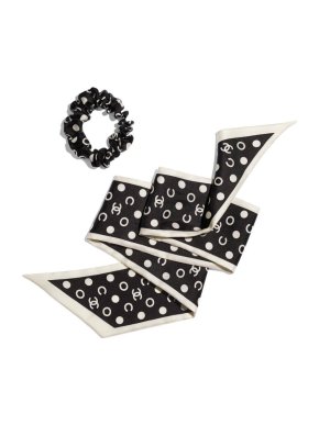 Chanel Black/Ivory Silk Twill Hari Scrunchie & Twilly