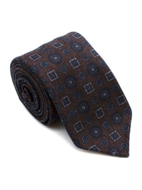 Drake's Brown with Navy Geometric Pattern Wool Tie