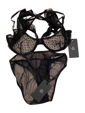 Le Petit Trou Black Dotted Tulle Ruffle Bra & Sheer Mesh Panties