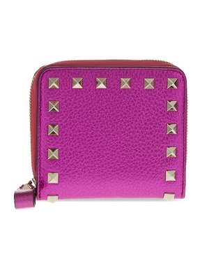 Valentino Metallic Pink Grained Leather Rockstud Compact Wallet