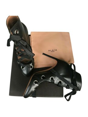 Alaia Black Polished Leather Lace-Up Ankle Boots