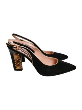 Moschino Couture Black Logo Heel Suede Slingbacks