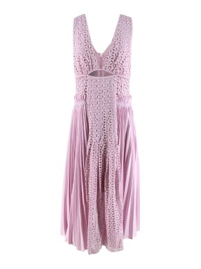 Self-Portrait Pink Broderie-Anglaise and Pleated-Panel Midi Dress