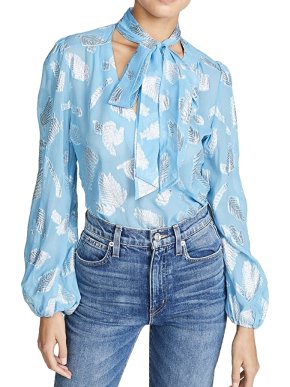 Rixo Blue Rosemary Silk Pussy Bow Blouse
