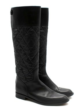 Chanel Black Quilted Leather Flat Long Boots