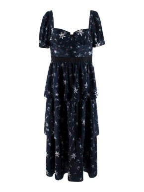 Self Portrait Silk Navy Star Printed Midi Dress