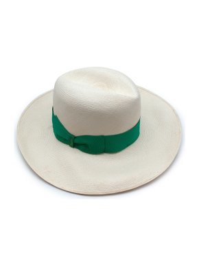 Borsalino Ivory Green Ribbon Straw Hat
