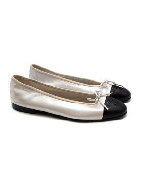 Chanel White & Black Leather CC Ballerina Flats