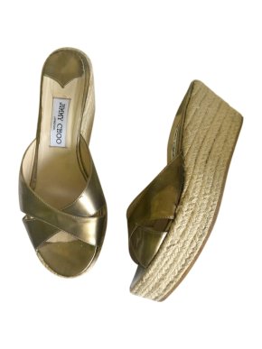 Jimmy Choo Gold Patent Crossover Espadrille Platforms