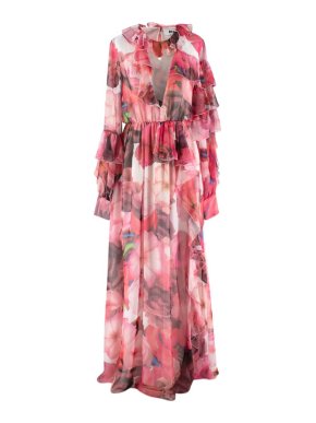 MSGM Floral Print V Neck Ruffled Dress