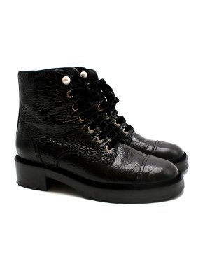 Chanel Black Grained Patent Leather CC Combat Boots