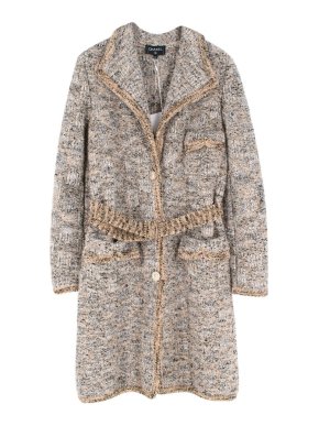 Chanel Beige & Navy Belted Knit Coat