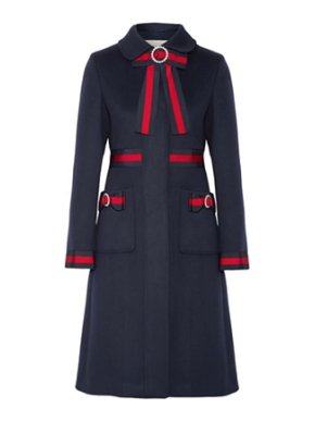 Gucci Navy Web Brooch Grosgrain Trim Wool Coat