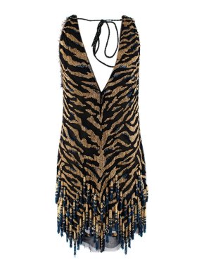 Roberto Cavalli Black Blue & Gold Silk Beaded Tiger Mini Dress