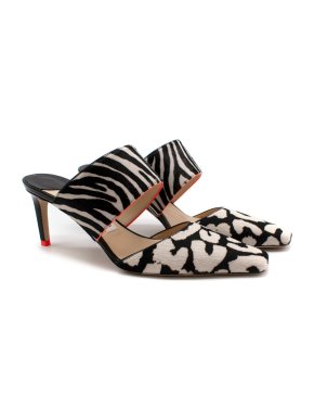 Jimmy Choo Black & White Calf Hair Animal Print Hira Heeled Mules