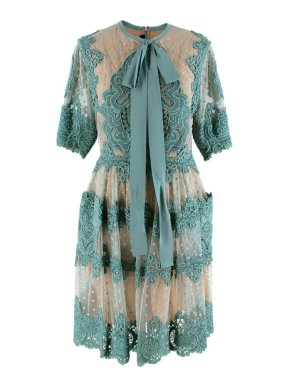 Elie Saab Turquoise Floral Embroidered Tulle Dress