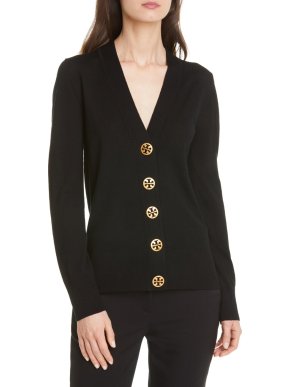 Tory Burch Black Wool Logo Button Cardigan