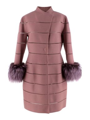 J.Mendel Mauve Panelled Cashmere & Wool Coat with Fox Fur Cuffs